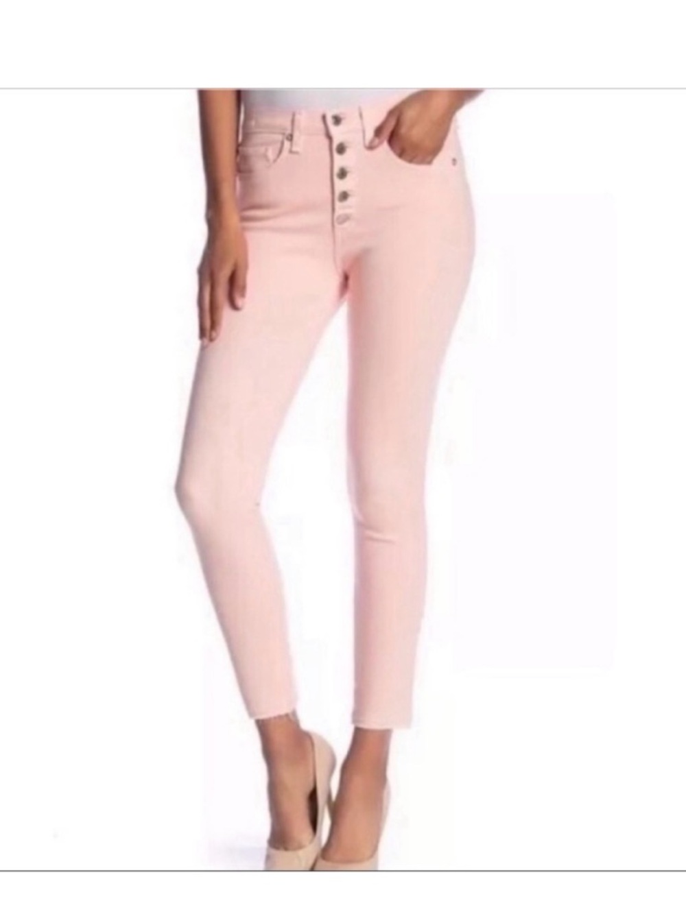 Veronica Beard Debbie 10” skinny button-front Millenial Pink raw hem jeans